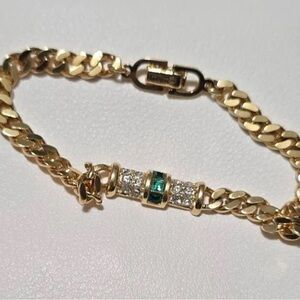 Dior Gold Tone Bracelet with Emerald Green Center and Clear Stones